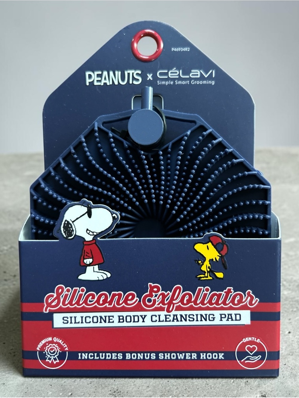 Peanuts x Celavi Navy Silicone Exfoliator - Body Cleansing Pad- Includes Hook